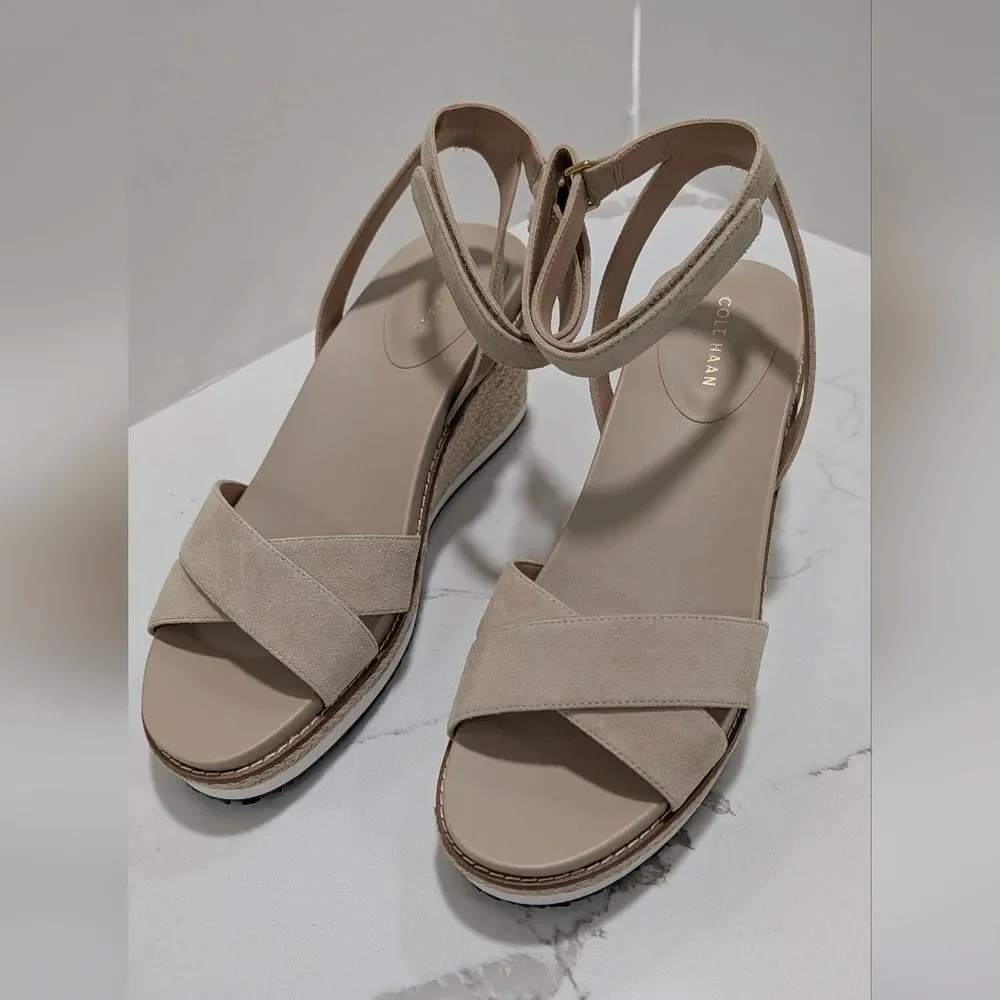 New Cole Haan Cloudfeel Espadrille Wedge Ankle Strap Sandals Neutral Leather 10